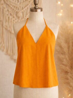 Forolav Orange Flowy Halter Top M Quiet Luxury Beach Festival Y2K Boho Summer